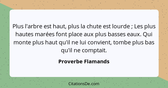 Plus l'arbre est haut, plus la chute est lourde ; Les plus hautes marées font place aux plus basses eaux. Qui monte plus haut... - Proverbe Flamands