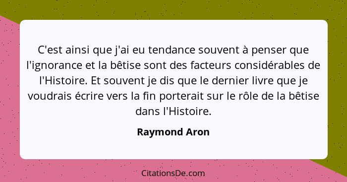 C'est ainsi que j'ai eu tendance souvent à penser que l'ignorance et la bêtise sont des facteurs considérables de l'Histoire. Et souven... - Raymond Aron