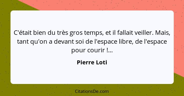 C'était bien du très gros temps, et il fallait veiller. Mais, tant qu'on a devant soi de l'espace libre, de l'espace pour courir !.... - Pierre Loti