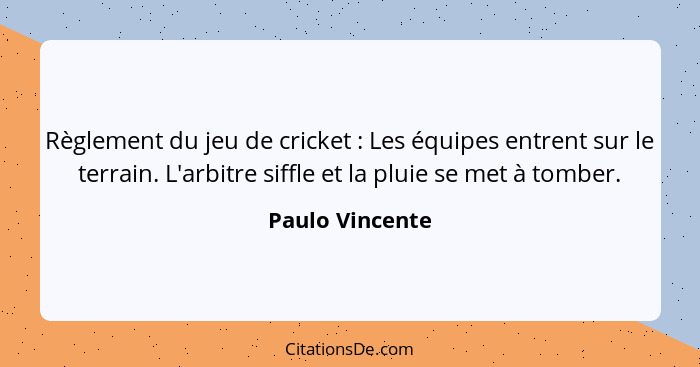 Règlement du jeu de cricket : Les équipes entrent sur le terrain. L'arbitre siffle et la pluie se met à tomber.... - Paulo Vincente