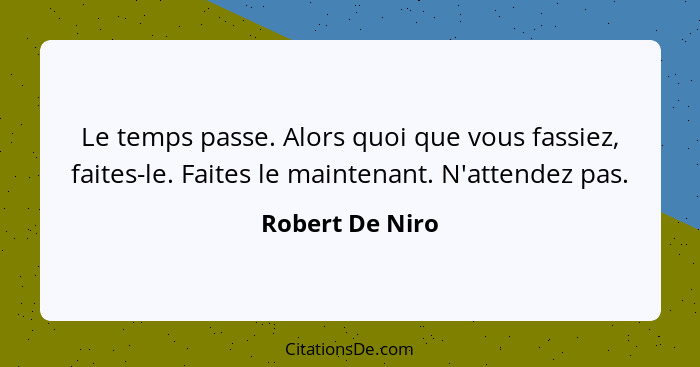 Le temps passe. Alors quoi que vous fassiez, faites-le. Faites le maintenant. N'attendez pas.... - Robert De Niro