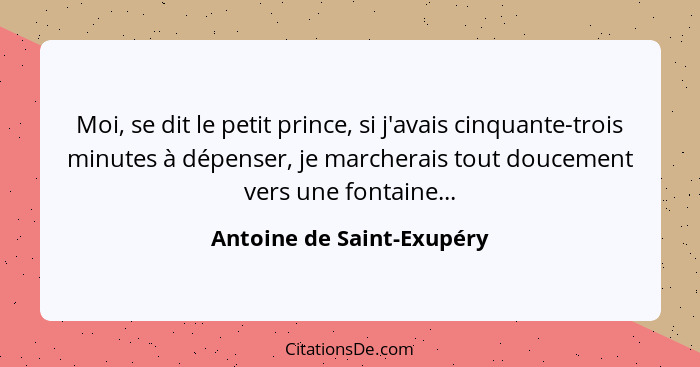 Moi, se dit le petit prince, si j'avais cinquante-trois minutes à dépenser, je marcherais tout doucement vers une fontaine.... - Antoine de Saint-Exupéry