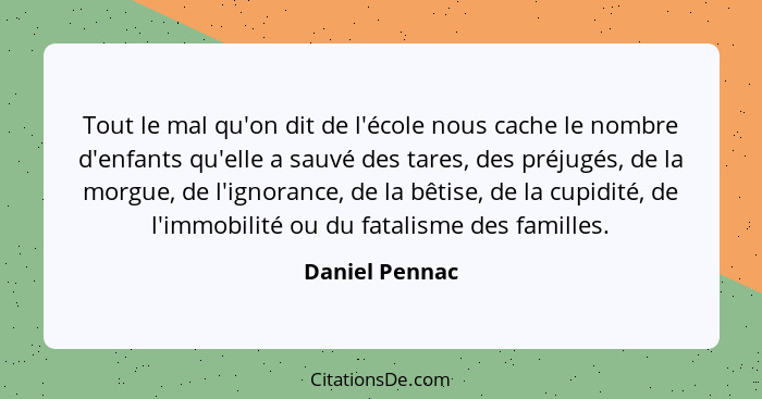 Tout le mal qu'on dit de l'école nous cache le nombre d'enfants qu'elle a sauvé des tares, des préjugés, de la morgue, de l'ignorance,... - Daniel Pennac