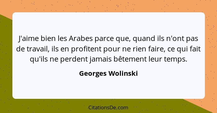 J'aime bien les Arabes parce que, quand ils n'ont pas de travail, ils en profitent pour ne rien faire, ce qui fait qu'ils ne perden... - Georges Wolinski