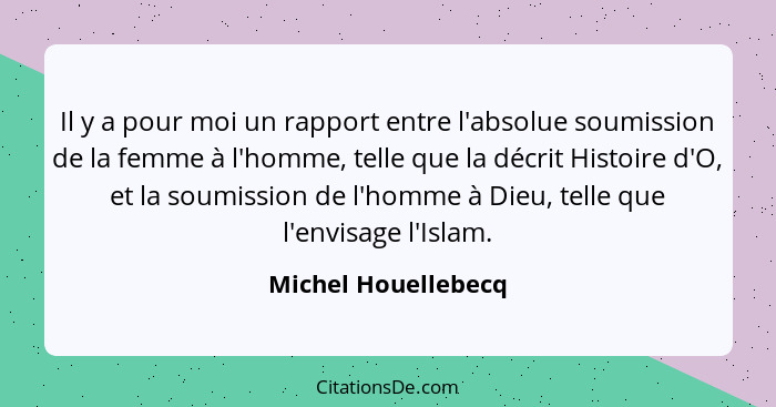 Il y a pour moi un rapport entre l'absolue soumission de la femme à l'homme, telle que la décrit Histoire d'O, et la soumission d... - Michel Houellebecq