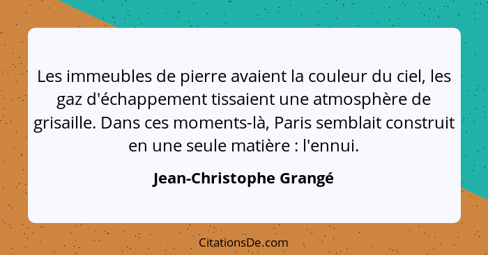 Les immeubles de pierre avaient la couleur du ciel, les gaz d'échappement tissaient une atmosphère de grisaille. Dans ces mom... - Jean-Christophe Grangé