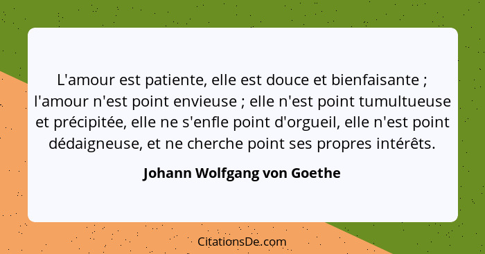 L'amour est patiente, elle est douce et bienfaisante ; l'amour n'est point envieuse ; elle n'est point tumultue... - Johann Wolfgang von Goethe