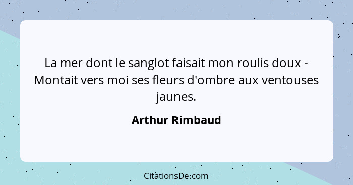 La mer dont le sanglot faisait mon roulis doux - Montait vers moi ses fleurs d'ombre aux ventouses jaunes.... - Arthur Rimbaud