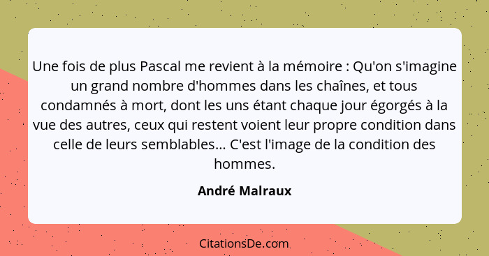 Une fois de plus Pascal me revient à la mémoire : Qu'on s'imagine un grand nombre d'hommes dans les chaînes, et tous condamnés à... - André Malraux