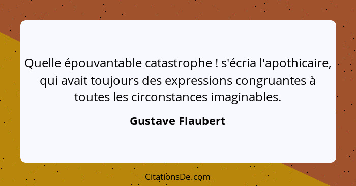 Quelle épouvantable catastrophe ! s'écria l'apothicaire, qui avait toujours des expressions congruantes à toutes les circonsta... - Gustave Flaubert