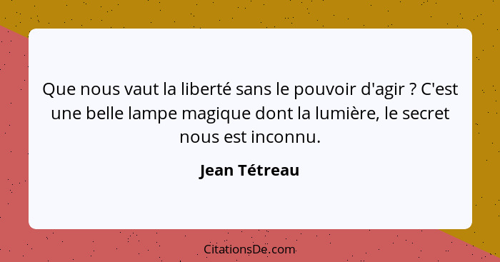 Que nous vaut la liberté sans le pouvoir d'agir ? C'est une belle lampe magique dont la lumière, le secret nous est inconnu.... - Jean Tétreau