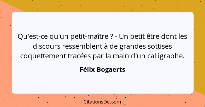 Qu'est-ce qu'un petit-maître ? - Un petit être dont les discours ressemblent à de grandes sottises coquettement tracées par la m... - Félix Bogaerts