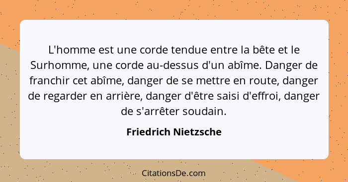 L'homme est une corde tendue entre la bête et le Surhomme, une corde au-dessus d'un abîme. Danger de franchir cet abîme, danger... - Friedrich Nietzsche