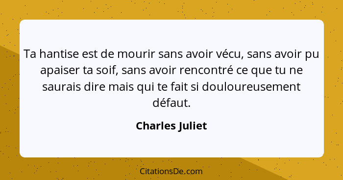 Ta hantise est de mourir sans avoir vécu, sans avoir pu apaiser ta soif, sans avoir rencontré ce que tu ne saurais dire mais qui te f... - Charles Juliet