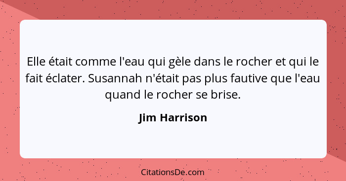 Elle était comme l'eau qui gèle dans le rocher et qui le fait éclater. Susannah n'était pas plus fautive que l'eau quand le rocher se b... - Jim Harrison