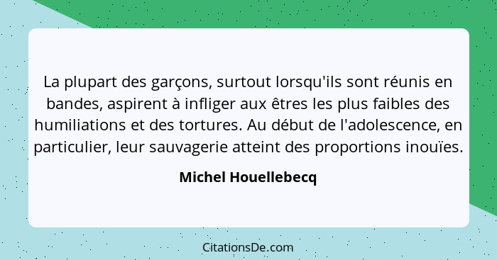 La plupart des garçons, surtout lorsqu'ils sont réunis en bandes, aspirent à infliger aux êtres les plus faibles des humiliations... - Michel Houellebecq
