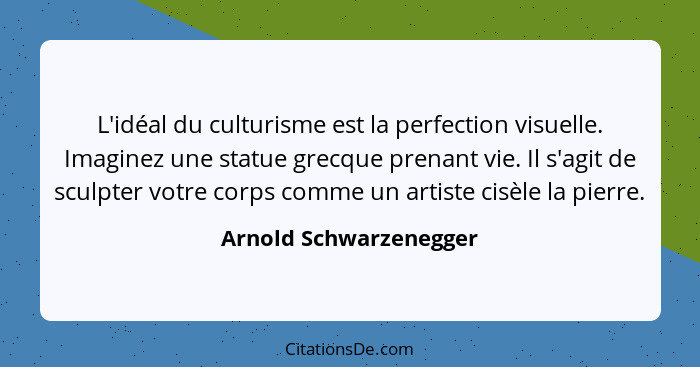 L'idéal du culturisme est la perfection visuelle. Imaginez une statue grecque prenant vie. Il s'agit de sculpter votre corps c... - Arnold Schwarzenegger