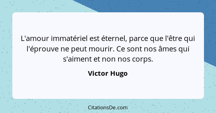 L'amour immatériel est éternel, parce que l'être qui l'éprouve ne peut mourir. Ce sont nos âmes qui s'aiment et non nos corps.... - Victor Hugo