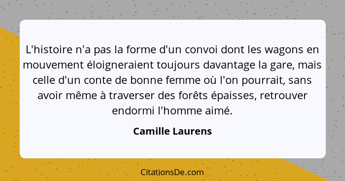 L'histoire n'a pas la forme d'un convoi dont les wagons en mouvement éloigneraient toujours davantage la gare, mais celle d'un conte... - Camille Laurens