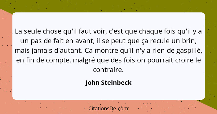 La seule chose qu'il faut voir, c'est que chaque fois qu'il y a un pas de fait en avant, il se peut que ça recule un brin, mais jamai... - John Steinbeck