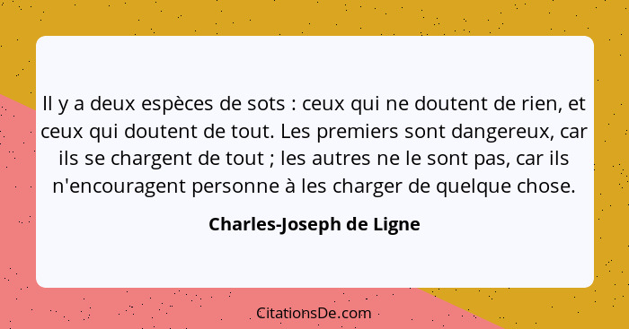 Il y a deux espèces de sots : ceux qui ne doutent de rien, et ceux qui doutent de tout. Les premiers sont dangereux, ca... - Charles-Joseph de Ligne