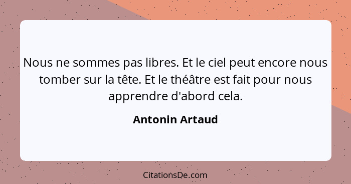 Nous ne sommes pas libres. Et le ciel peut encore nous tomber sur la tête. Et le théâtre est fait pour nous apprendre d'abord cela.... - Antonin Artaud