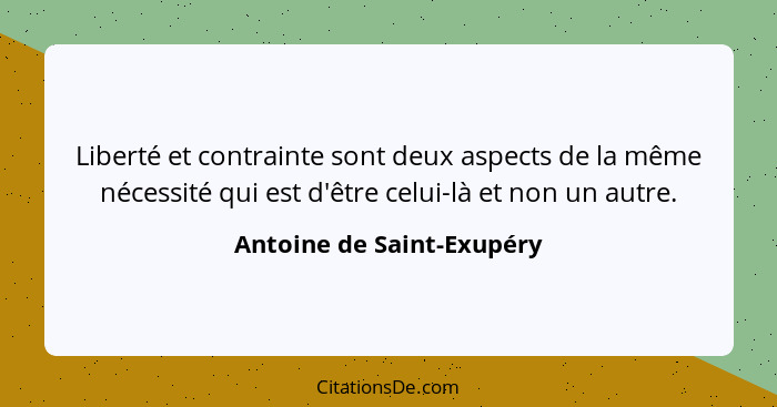 Liberté et contrainte sont deux aspects de la même nécessité qui est d'être celui-là et non un autre.... - Antoine de Saint-Exupéry