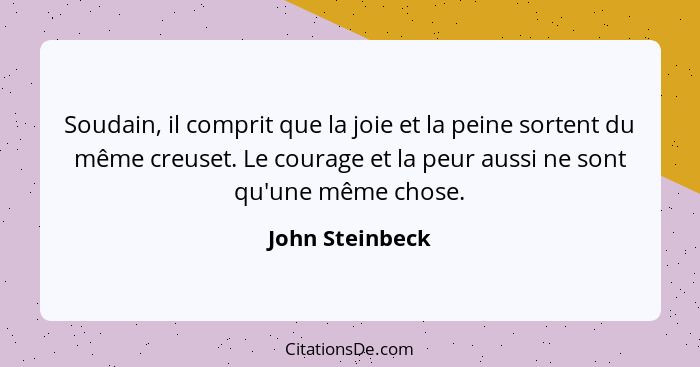 Soudain, il comprit que la joie et la peine sortent du même creuset. Le courage et la peur aussi ne sont qu'une même chose.... - John Steinbeck