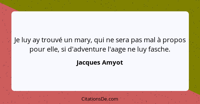 Je luy ay trouvé un mary, qui ne sera pas mal à propos pour elle, si d'adventure l'aage ne luy fasche.... - Jacques Amyot