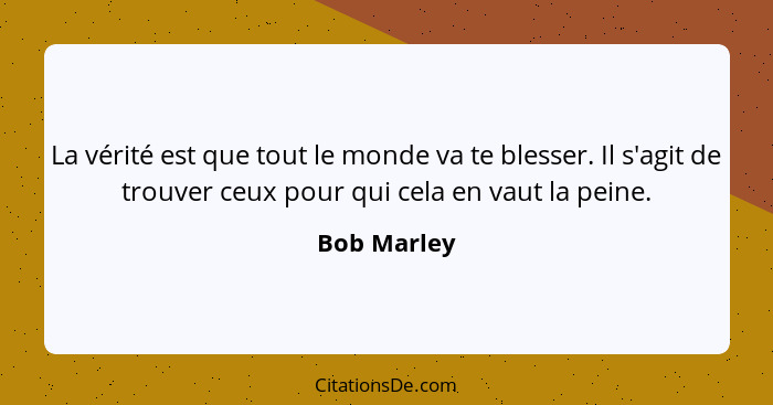 La vérité est que tout le monde va te blesser. Il s'agit de trouver ceux pour qui cela en vaut la peine.... - Bob Marley