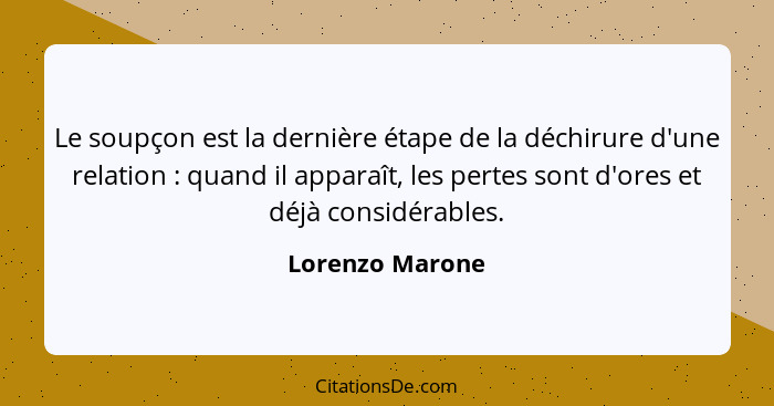 Le soupçon est la dernière étape de la déchirure d'une relation : quand il apparaît, les pertes sont d'ores et déjà considérable... - Lorenzo Marone