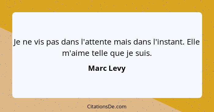 Je ne vis pas dans l'attente mais dans l'instant. Elle m'aime telle que je suis.... - Marc Levy