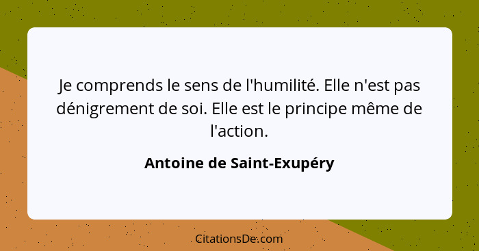 Je comprends le sens de l'humilité. Elle n'est pas dénigrement de soi. Elle est le principe même de l'action.... - Antoine de Saint-Exupéry