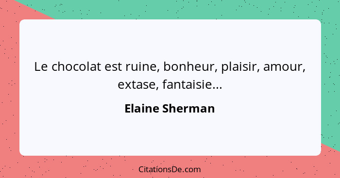 Le chocolat est ruine, bonheur, plaisir, amour, extase, fantaisie...... - Elaine Sherman