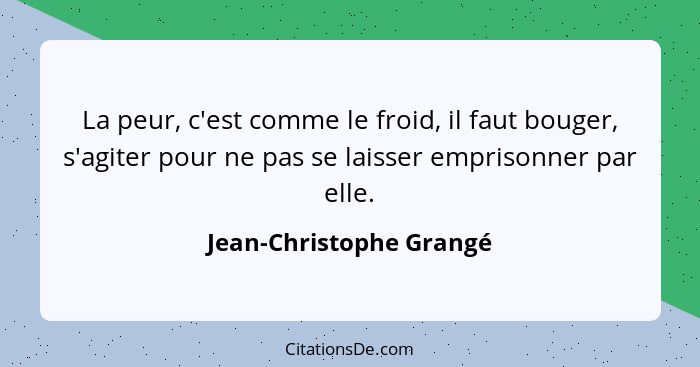 La peur, c'est comme le froid, il faut bouger, s'agiter pour ne pas se laisser emprisonner par elle.... - Jean-Christophe Grangé