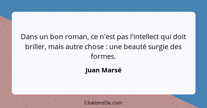 Dans un bon roman, ce n'est pas l'intellect qui doit briller, mais autre chose : une beauté surgie des formes.... - Juan Marsé