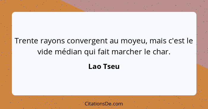 Trente rayons convergent au moyeu, mais c'est le vide médian qui fait marcher le char.... - Lao Tseu