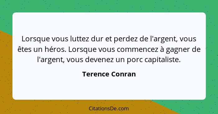 Lorsque vous luttez dur et perdez de l'argent, vous êtes un héros. Lorsque vous commencez à gagner de l'argent, vous devenez un porc... - Terence Conran