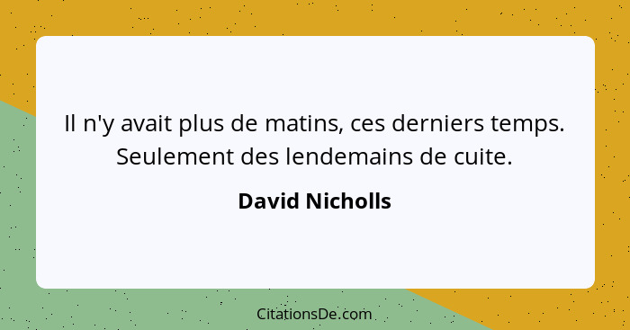 Il n'y avait plus de matins, ces derniers temps. Seulement des lendemains de cuite.... - David Nicholls