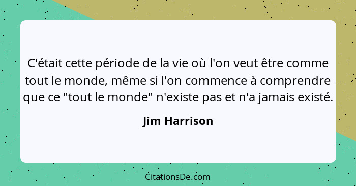 C'était cette période de la vie où l'on veut être comme tout le monde, même si l'on commence à comprendre que ce "tout le monde" n'exis... - Jim Harrison