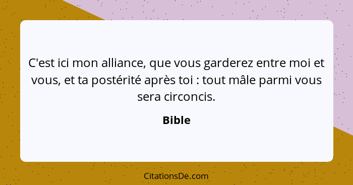 C'est ici mon alliance, que vous garderez entre moi et vous, et ta postérité après toi : tout mâle parmi vous sera circoncis.... - Bible