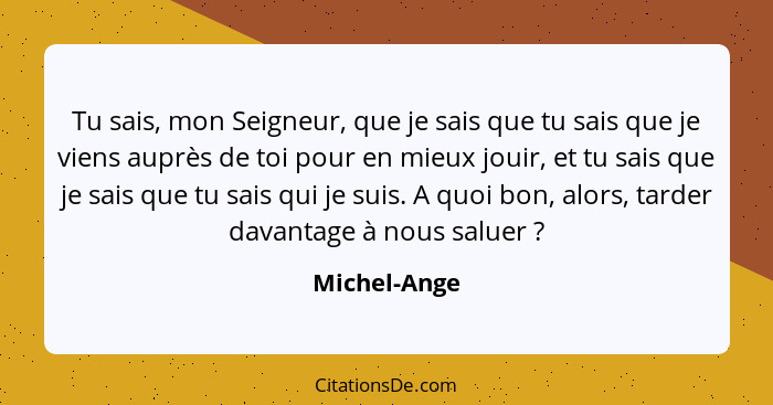 Tu sais, mon Seigneur, que je sais que tu sais que je viens auprès de toi pour en mieux jouir, et tu sais que je sais que tu sais qui je... - Michel-Ange