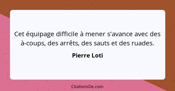 Cet équipage difficile à mener s'avance avec des à-coups, des arrêts, des sauts et des ruades.... - Pierre Loti