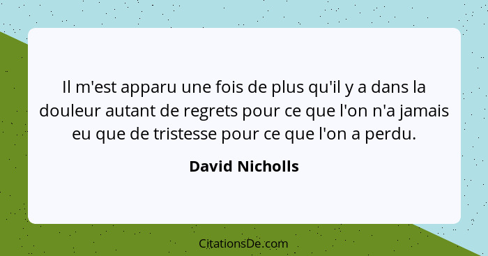 Il m'est apparu une fois de plus qu'il y a dans la douleur autant de regrets pour ce que l'on n'a jamais eu que de tristesse pour ce... - David Nicholls