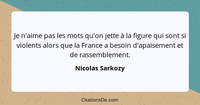 Je n'aime pas les mots qu'on jette à la figure qui sont si violents alors que la France a besoin d'apaisement et de rassemblement.... - Nicolas Sarkozy