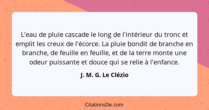 L'eau de pluie cascade le long de l'intérieur du tronc et emplit les creux de l'écorce. La pluie bondit de branche en branche, de... - J. M. G. Le Clézio