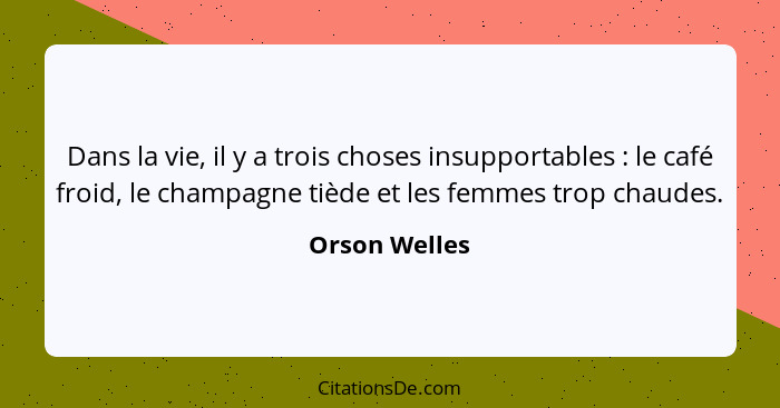 Dans la vie, il y a trois choses insupportables : le café froid, le champagne tiède et les femmes trop chaudes.... - Orson Welles
