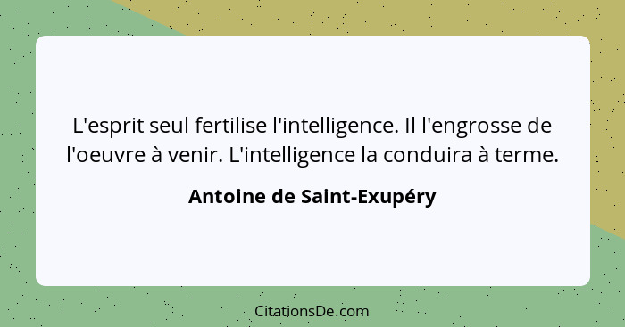 L'esprit seul fertilise l'intelligence. Il l'engrosse de l'oeuvre à venir. L'intelligence la conduira à terme.... - Antoine de Saint-Exupéry