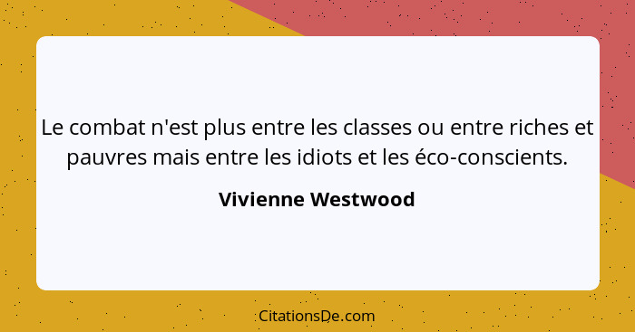 Le combat n'est plus entre les classes ou entre riches et pauvres mais entre les idiots et les éco-conscients.... - Vivienne Westwood