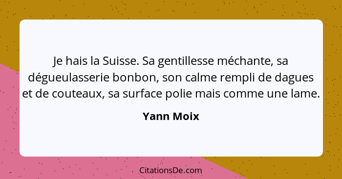 Je hais la Suisse. Sa gentillesse méchante, sa dégueulasserie bonbon, son calme rempli de dagues et de couteaux, sa surface polie mais com... - Yann Moix